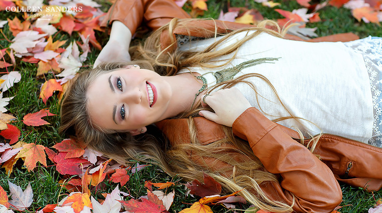 Senior portraits with El Dorado Hills photographer Colleen Sanders with fall leaves for Emily, Oak Ridge High School senior.