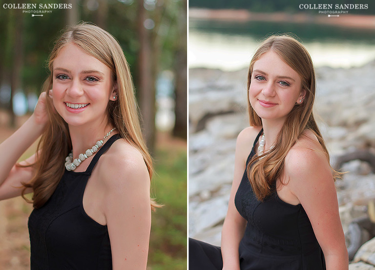 Classic high school senior portraits with one of her senior models by the lake with natural greenery and a hat by senior photographer Colleen Sanders near El Dorado Hills, California.