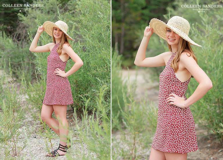 Classic high school senior portraits with one of her senior models by the lake with natural greenery and a hat by senior photographer Colleen Sanders near El Dorado Hills, California.