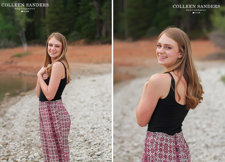 Classic high school senior portraits with one of her senior models by the lake with natural greenery and a hat by senior photographer Colleen Sanders near El Dorado Hills, California.
