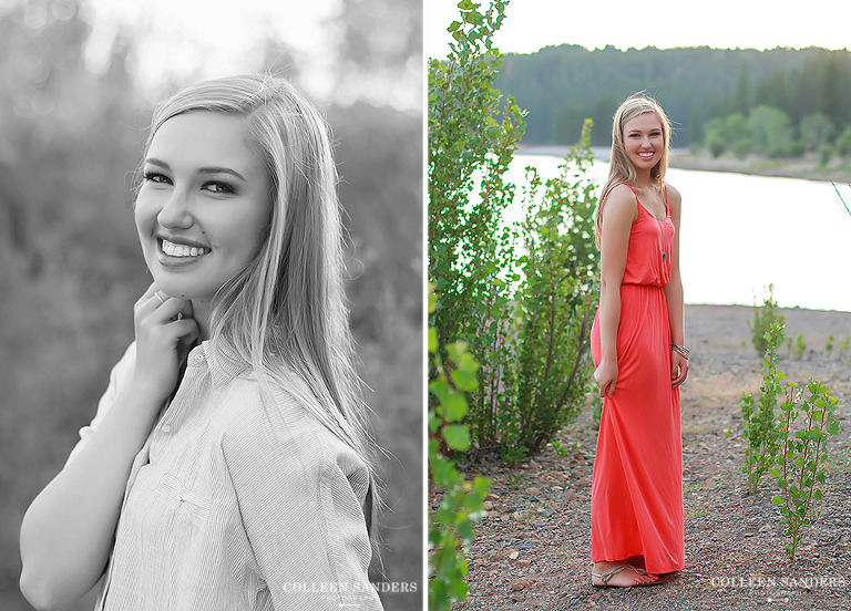 Classic high school senior portraits by the lake with natural greenery for my senior model by senior photographer Colleen Sanders near El Dorado Hills, California.