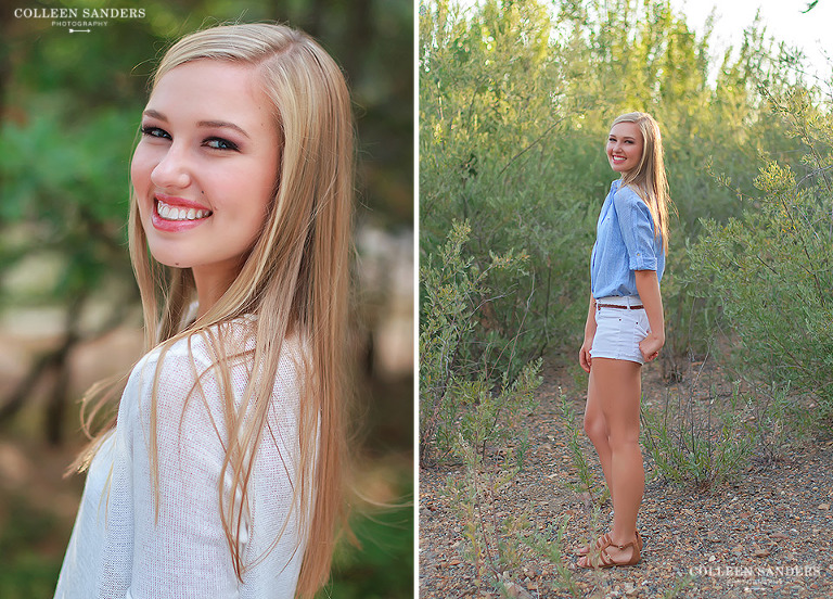 Classic high school senior portraits by the lake with natural greenery for my senior model by senior photographer Colleen Sanders near El Dorado Hills, California.