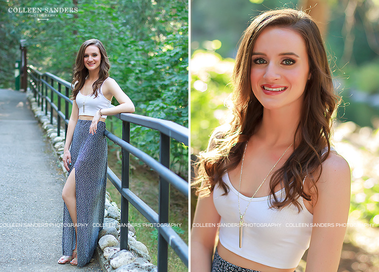 Senior portraits for the Class of 2016 Senior Model captured by senior photographer Colleen Sanders, based in El Dorado Hills, California, with natural greenery, back-lighting, and water.