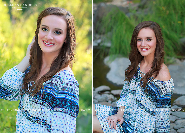 Senior portraits captured by senior photographer Colleen Sanders, based in El Dorado Hills, California, with natural greenery, back-lighting, and water.