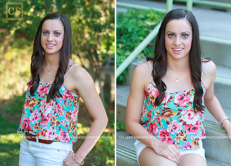Nicole's senior portraits with cute floral tank top, white shorts, natural greenery and flowers and golden light by senior photographer Colleen Sanders.