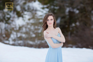 McKenna's blue prom dress at our winter senior model shoot in the snow with El Dorado Hills Senior Photographer, Colleen Sanders.