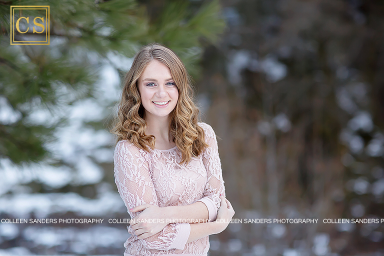 Winter senior portraits in the snow with El Dorado Hills and Folsom Senior Photographer Colleen Sanders, featuring fur, scarves, boots, hats, lace, and fun.