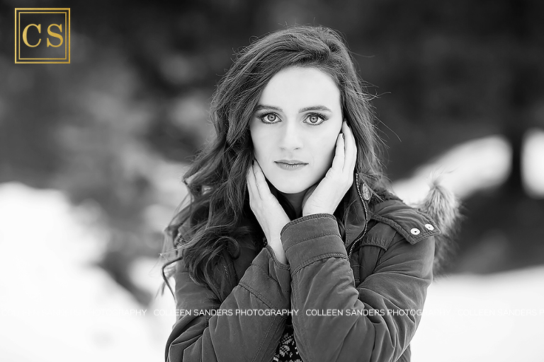 Winter senior portraits in the snow with El Dorado Hills and Folsom Senior Photographer Colleen Sanders, featuring fur, scarves, boots, hats, and fun.