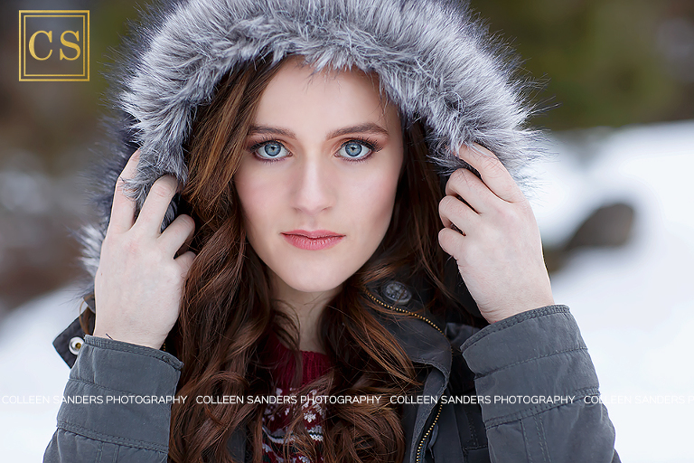 Winter senior portraits in the snow with El Dorado Hills and Folsom Senior Photographer Colleen Sanders, featuring fur, scarves, boots, hats, and fun.