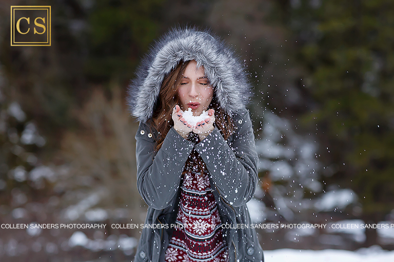 Winter senior portraits in the snow with El Dorado Hills and Folsom Senior Photographer Colleen Sanders, featuring fur, scarves, boots, hats, and fun.