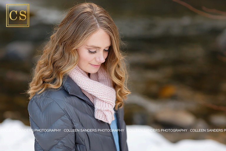 Winter senior portraits in the snow with El Dorado Hills and Folsom Senior Photographer Colleen Sanders, featuring fur, scarves, boots, hats, and fun.