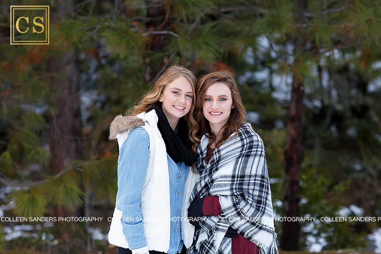 Winter senior portraits in the snow with El Dorado Hills and Folsom Senior Photographer Colleen Sanders, featuring fur, scarves, boots, hats, and fun.