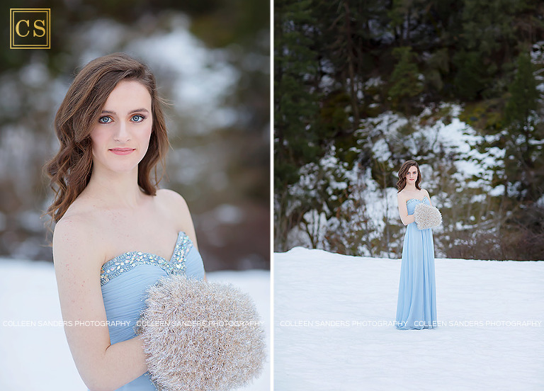 Winter senior portraits in the snow with El Dorado Hills and Folsom Senior Photographer Colleen Sanders, featuring gorgeous blue prom dress.