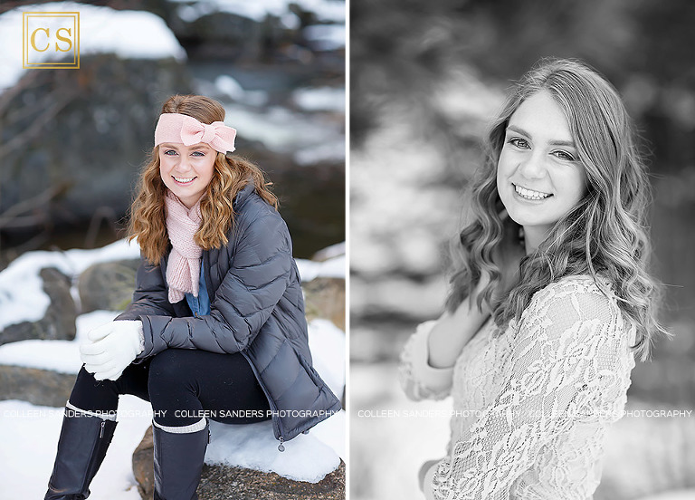 Winter senior portraits in the snow with El Dorado Hills and Folsom Senior Photographer Colleen Sanders, featuring fur, scarves, boots, hats, lace, and fun.