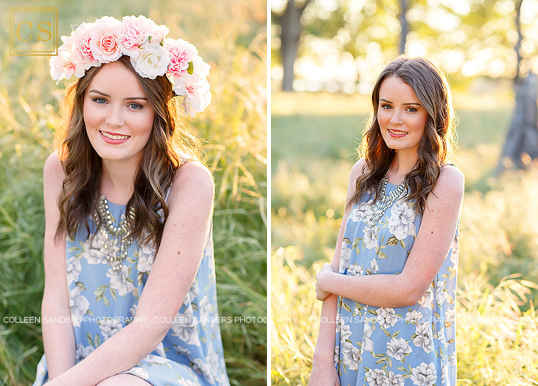 Spring senior pictures, oak trees, grass, blue dress, flower crowns, by El Dorado Hills senior photographer Colleen Sanders Photography.
