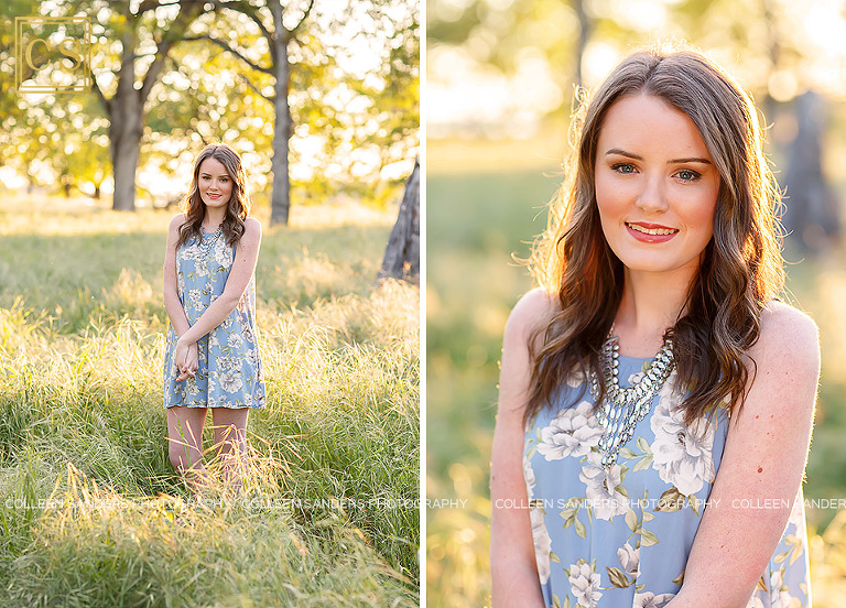 Spring senior pictures, oak trees, grass, blue dress, flower crowns, by El Dorado Hills senior photographer Colleen Sanders Photography.