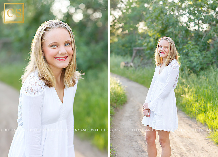 Spring senior pictures, oak trees, grass, blue dress, flower crowns, by El Dorado Hills senior photographer Colleen Sanders Photography.