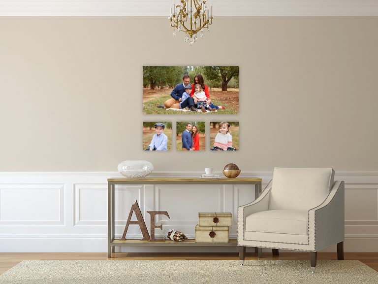 El Dorado Hills family portraits by Colleen Sanders at Apple Hill apple orchard, wall portraits on display.