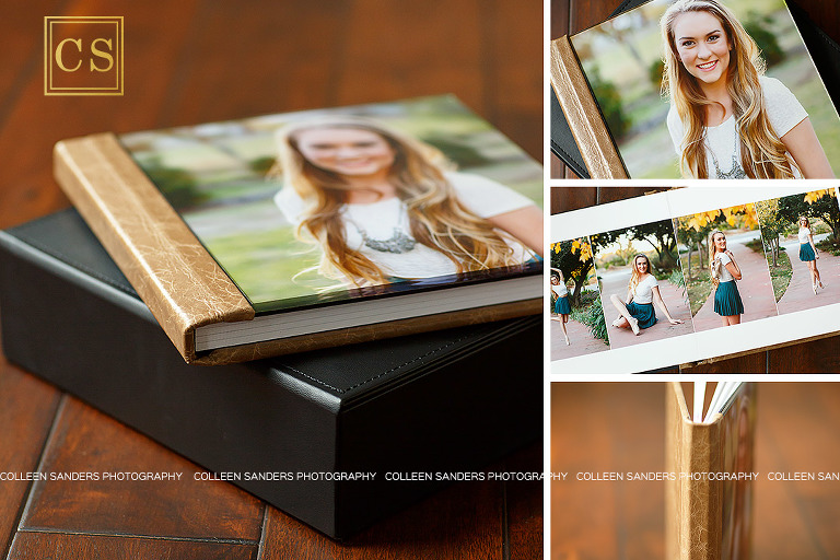 Fine art albums with a custom layout for each client, select from leather, acrylic or image covers by Folsom senior photographer Colleen Sanders.