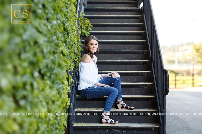 El Dorado Hills senior pictures in the El Dorado Hills Town center, urban senior pictures with ivy and metal stairs.