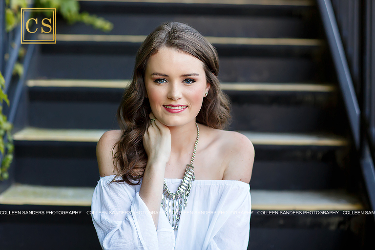 El Dorado Hills senior pictures in the El Dorado Hills Town center, urban senior pictures with ivy and metal stairs.