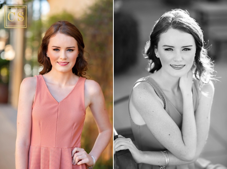 El Dorado Hills senior photographer Colleen Sanders shooting senior pictures for Oak Ridge Senior Lizzy in the El Dorado Hills Town center rose garden with her beautiful summer dress and makeup.