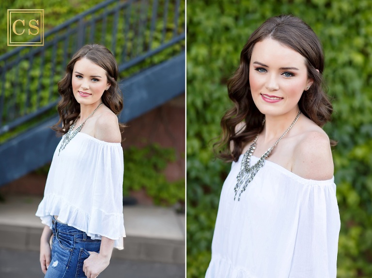 El Dorado Hills senior pictures in the El Dorado Hills Town center, urban senior pictures with ivy and metal stairs.