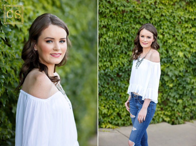 El Dorado Hills senior pictures in the El Dorado Hills Town center, urban senior pictures with ivy and metal stairs.