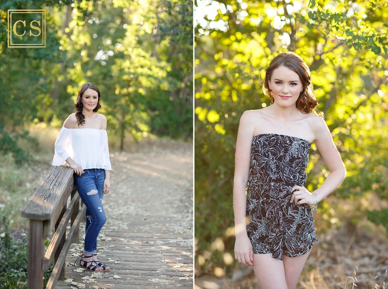 El Dorado Hills senior at Oak Ridge High School, natural greenery, with a hat, bridge, jeans and white shirt, girl, makeup. 