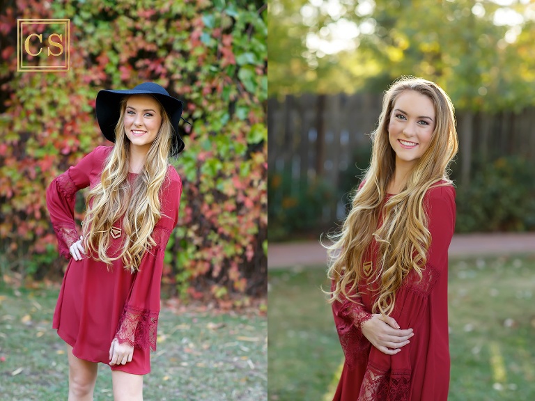 Colleen Sanders Photography senior pictures girl red dress, gold jewelry, hat, fall portraits long hair.