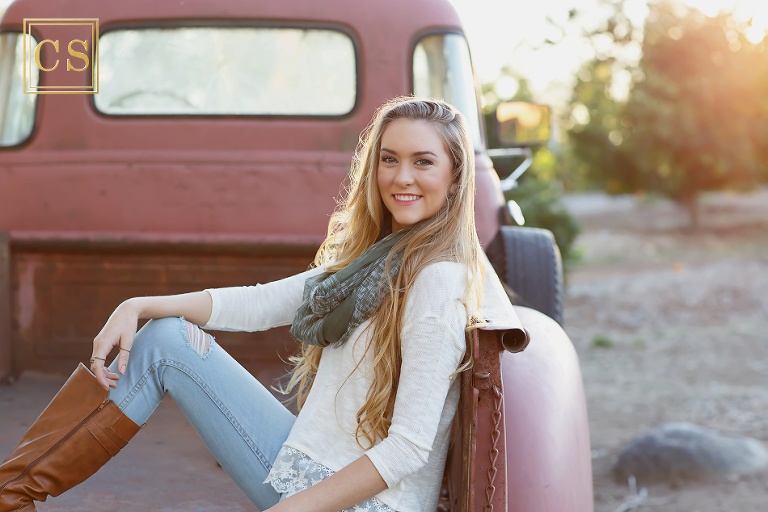Colleen Sanders Photography senior pictures girl leaves, fall, lace, truck, golden hour.