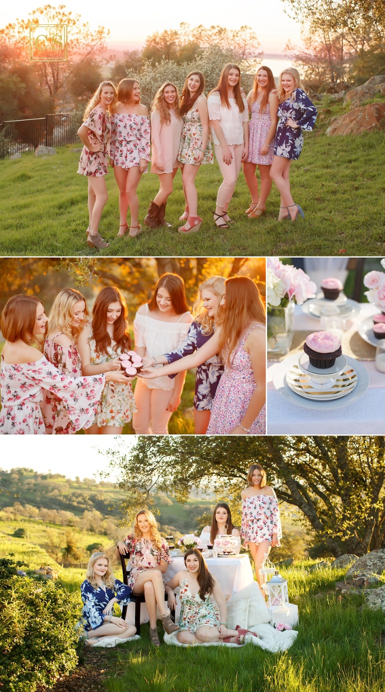 Senior models in El Dorado Hills golden hour cupcake flower theme session with Colleen Sanders Photography with detail shots, floral rompers. 