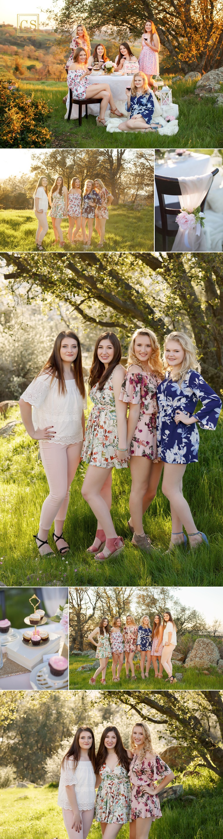 Senior models in El Dorado Hills golden hour cupcake flower theme session with Colleen Sanders Photography with detail shots, floral rompers. 
