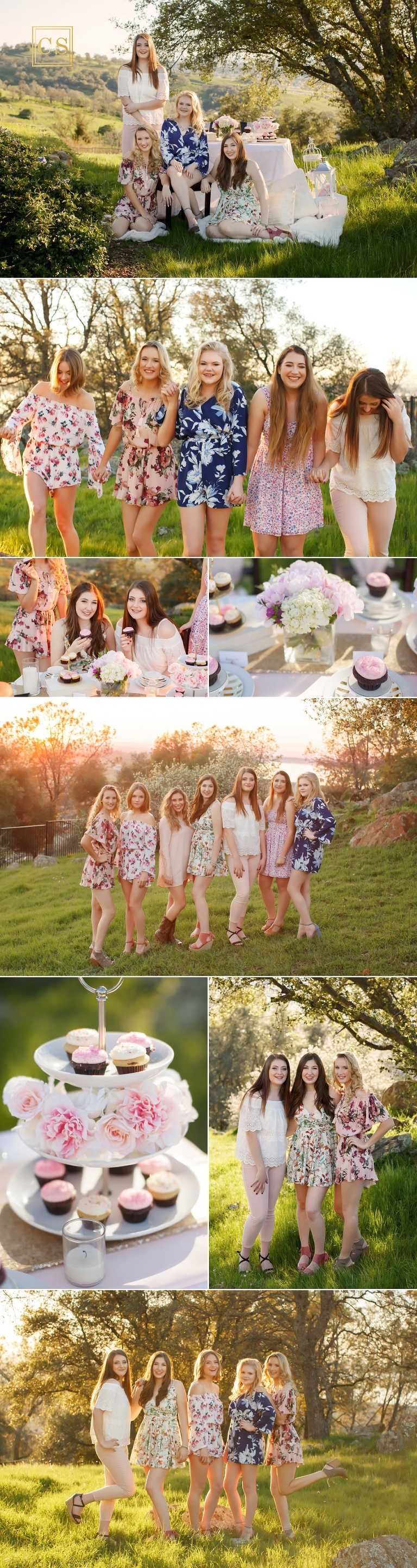 Senior models in El Dorado Hills golden hour cupcake flower theme session with Colleen Sanders Photography with detail shots, floral rompers, sunset, Folsom Lake.