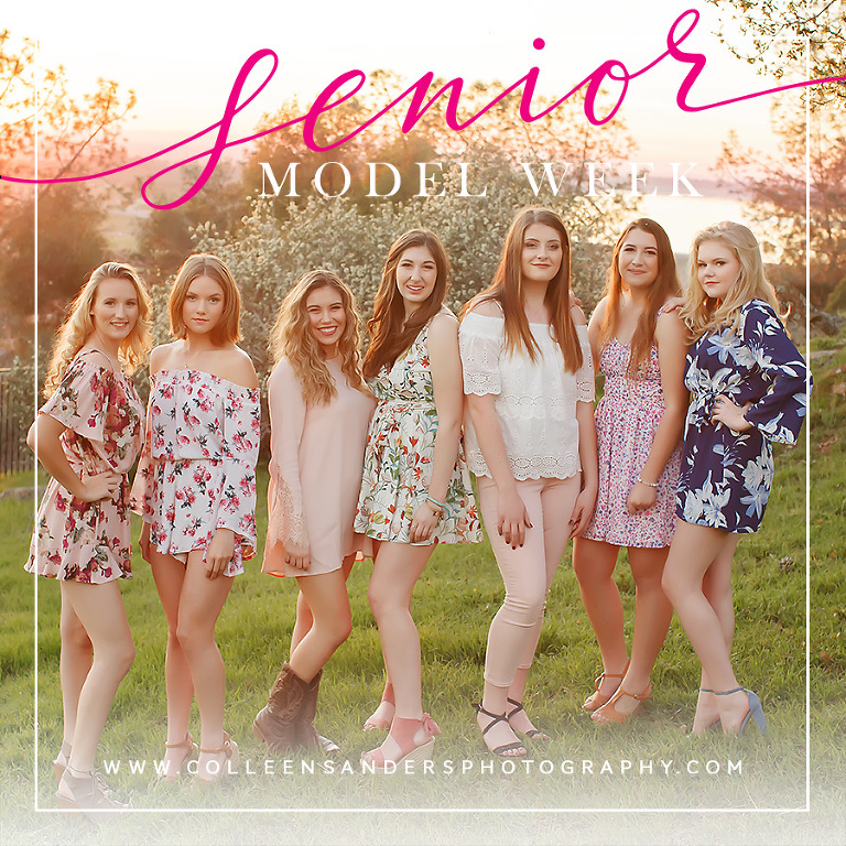 Senior Models in El Dorado Hills for Colleen Sanders Photography wearing floral rompers, dresses at sunset overlooking Folsom Lake.