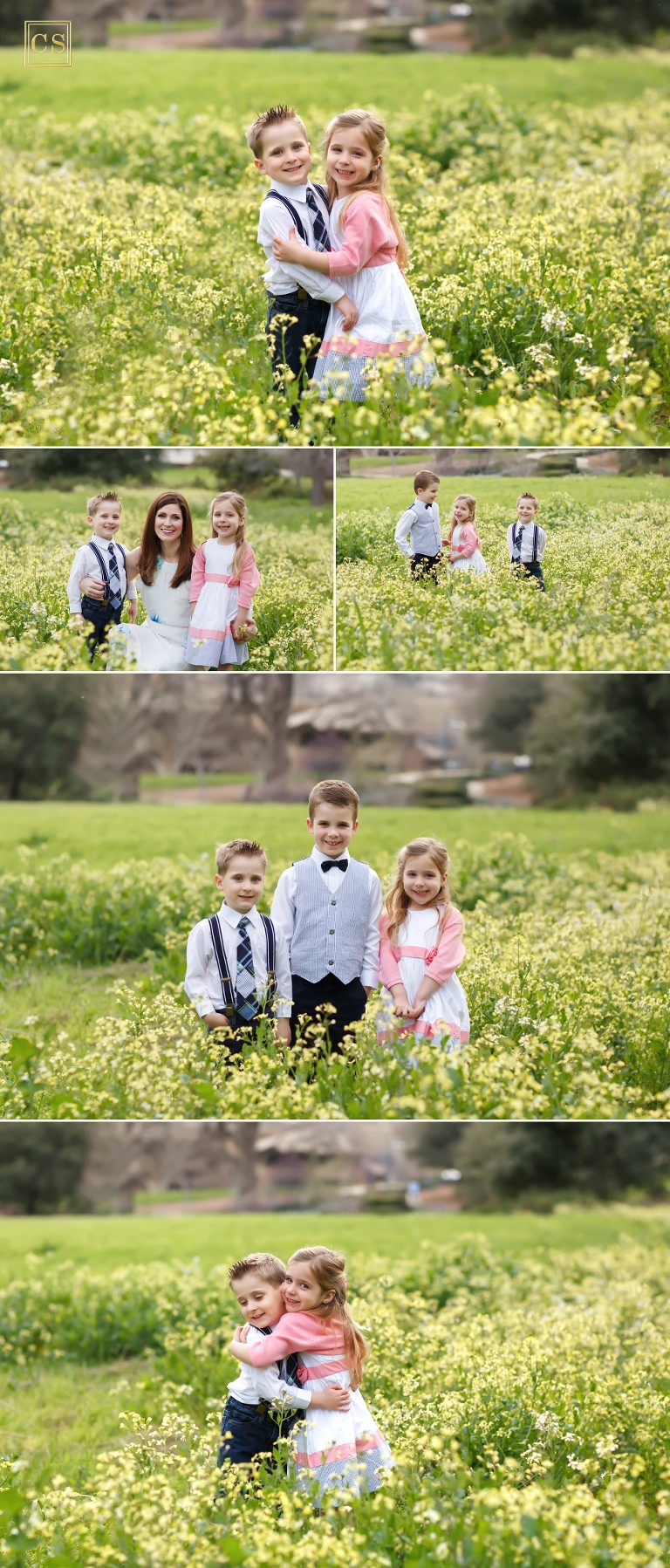 Spring flowers in Folsom for family pictures with Family Photographer Colleen Sanders, based out of El Dorado Hills - yellow spring flowers and kids in yellow flowers with their mommy