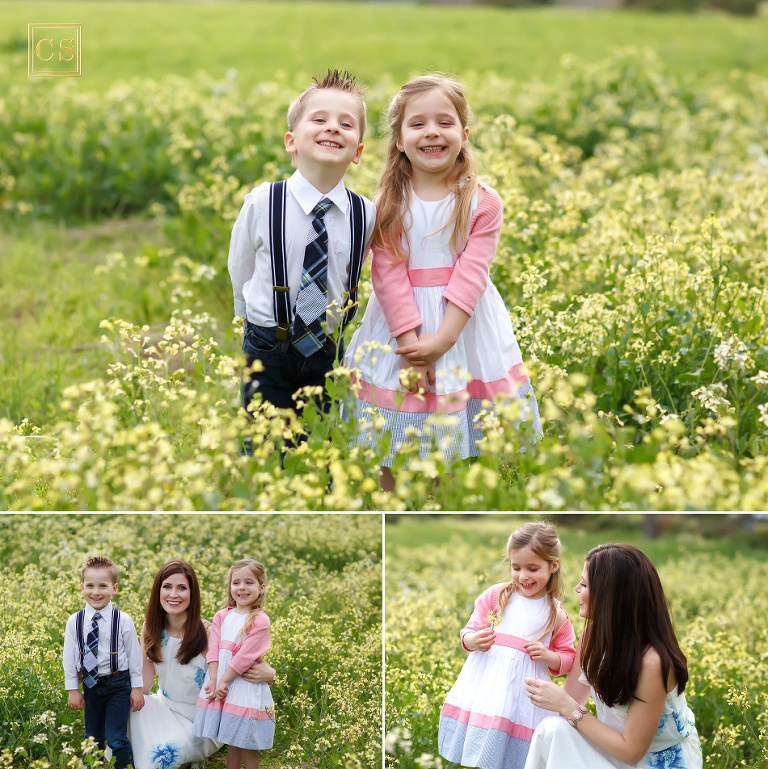 Spring flowers in Folsom for family pictures with Family Photographer Colleen Sanders, based out of El Dorado Hills - yellow spring flowers and kids with suspenders.