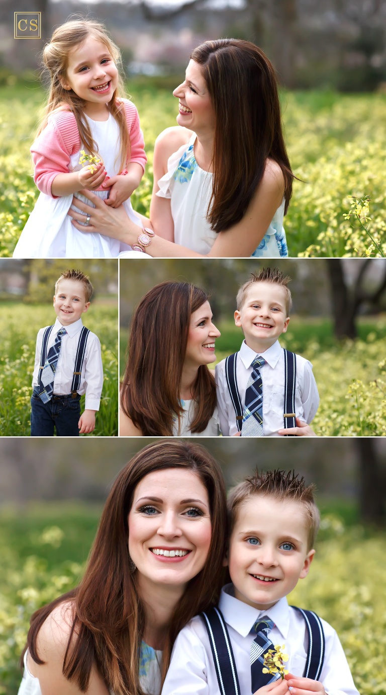 Spring flowers in Folsom for family pictures with Family Photographer Colleen Sanders, based out of El Dorado Hills - yellow spring flowers and kids with their mommy.