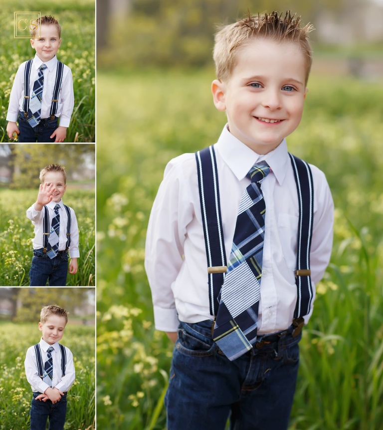 Spring flowers in Folsom for family pictures with Family Photographer Colleen Sanders, based out of El Dorado Hills - yellow spring flowers and little boy suspenders and tie.