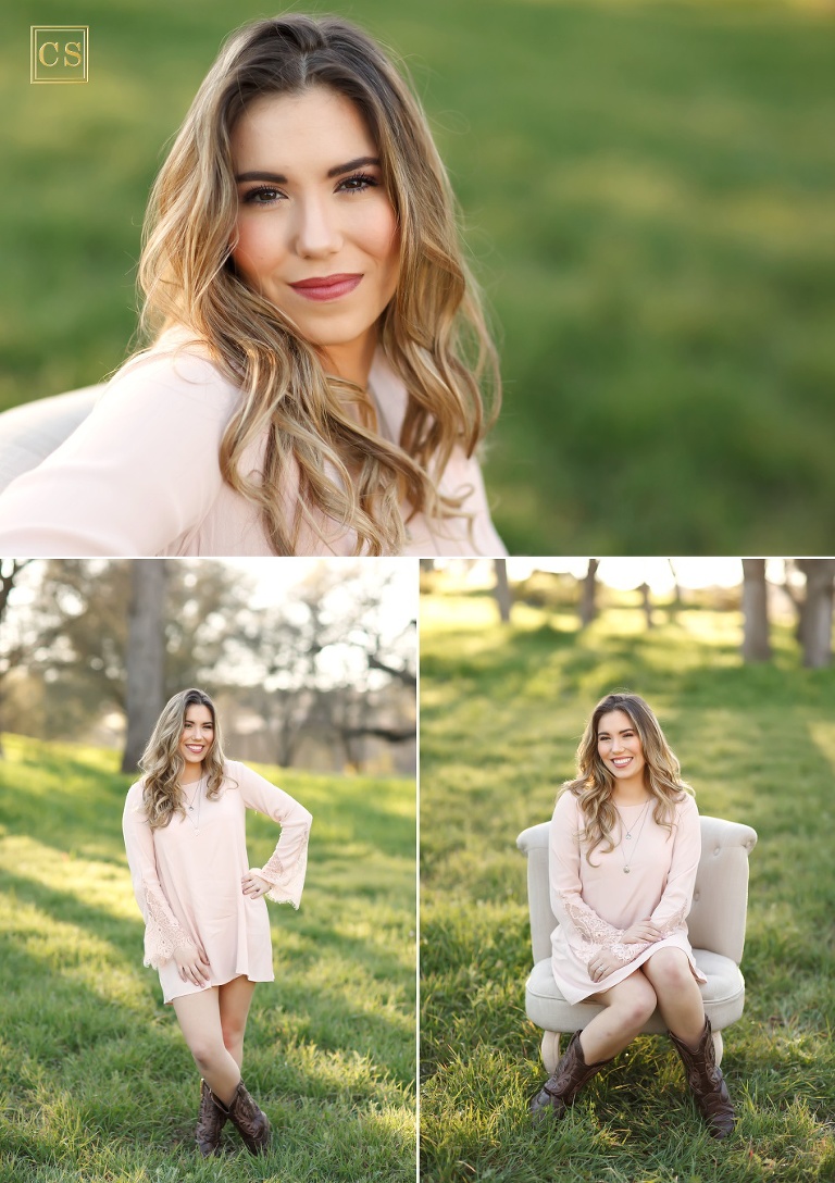 Cameron park senior photographer in park El Dorado Hills pink lace dress and cowboy boots by Colleen Sanders.