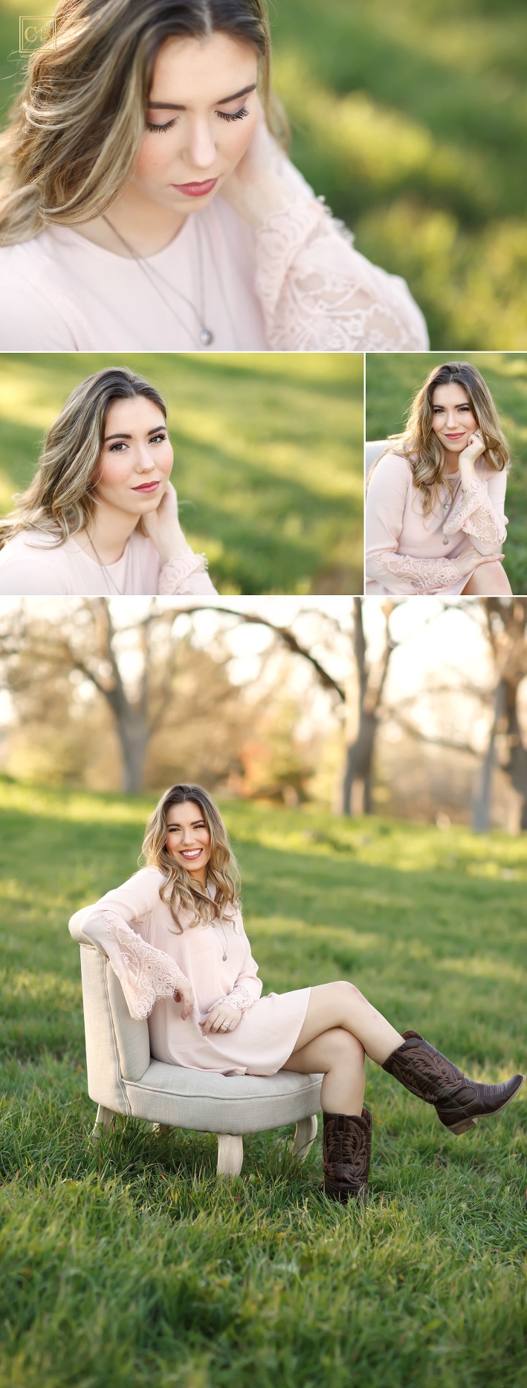 Cameron park senior photographer in park El Dorado Hills pink lace dress by Colleen Sanders with chair and cowboy boots.