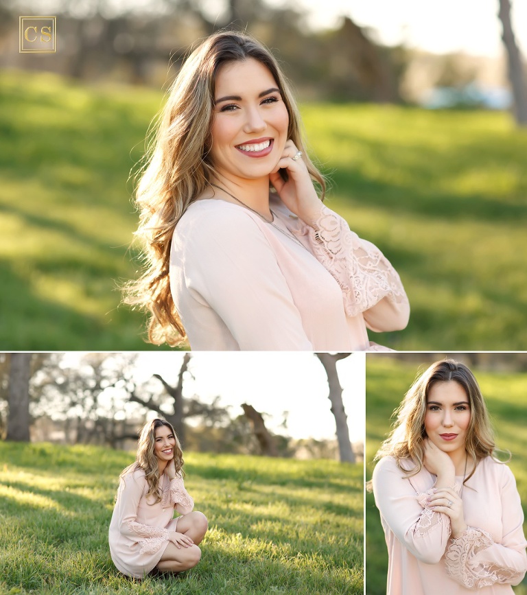 Cameron park senior photographer in park El Dorado Hills pink lace dress by Colleen Sanders closeup. 