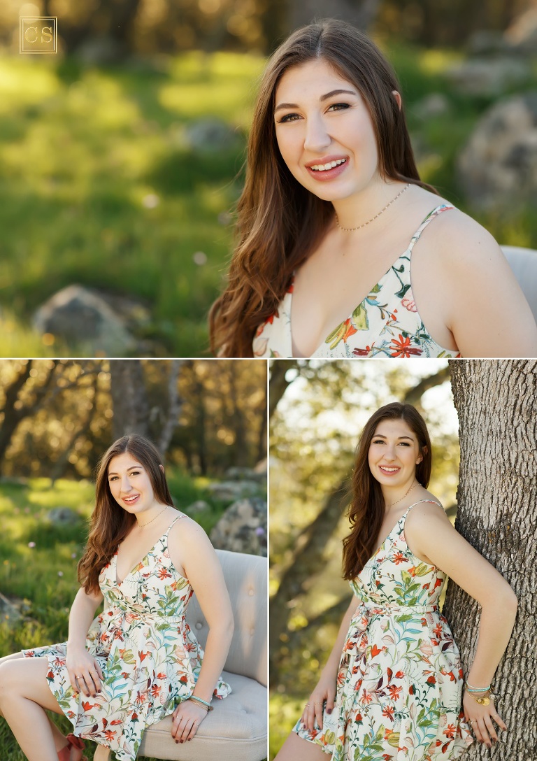 spring senior pictures for senior models in El Dorado Hills, northern california by Colleen Sanders Photography floral dress, chair, greenery, girl.