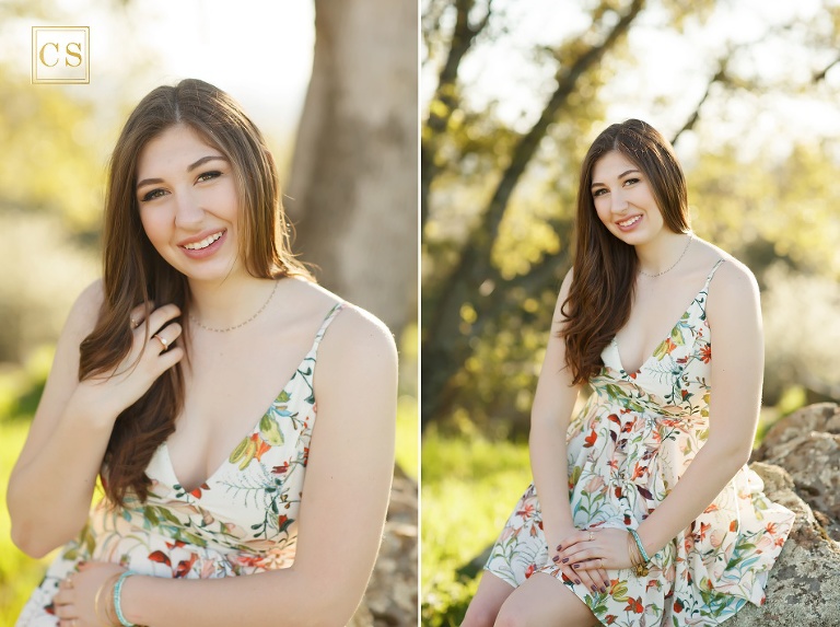 spring senior pictures for senior models in El Dorado Hills, northern california by Colleen Sanders Photography floral dress, chair, greenery, girl.