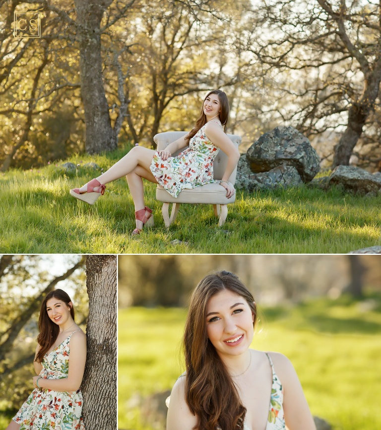 spring senior pictures for senior models in El Dorado Hills, northern california by Colleen Sanders Photography floral dress, chair, greenery, girl.