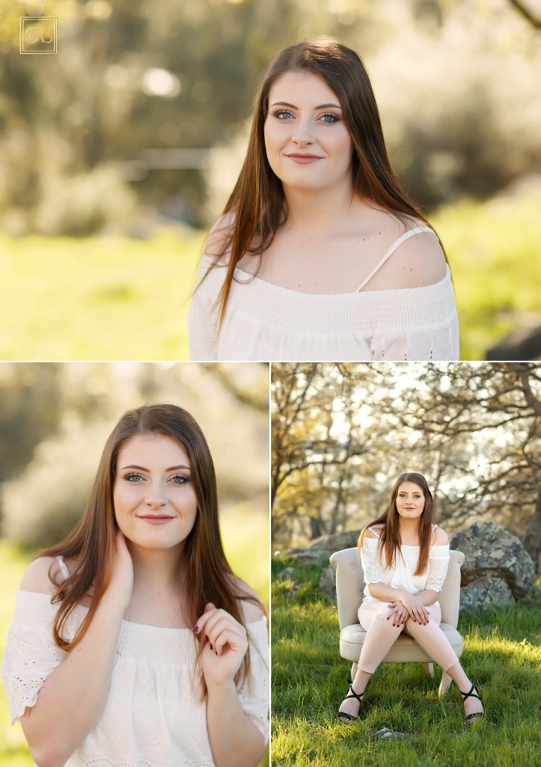 El Dorado senior pictures with senior photographer Colleen Sanders with green background, flowers, chair, pastels, softball player.