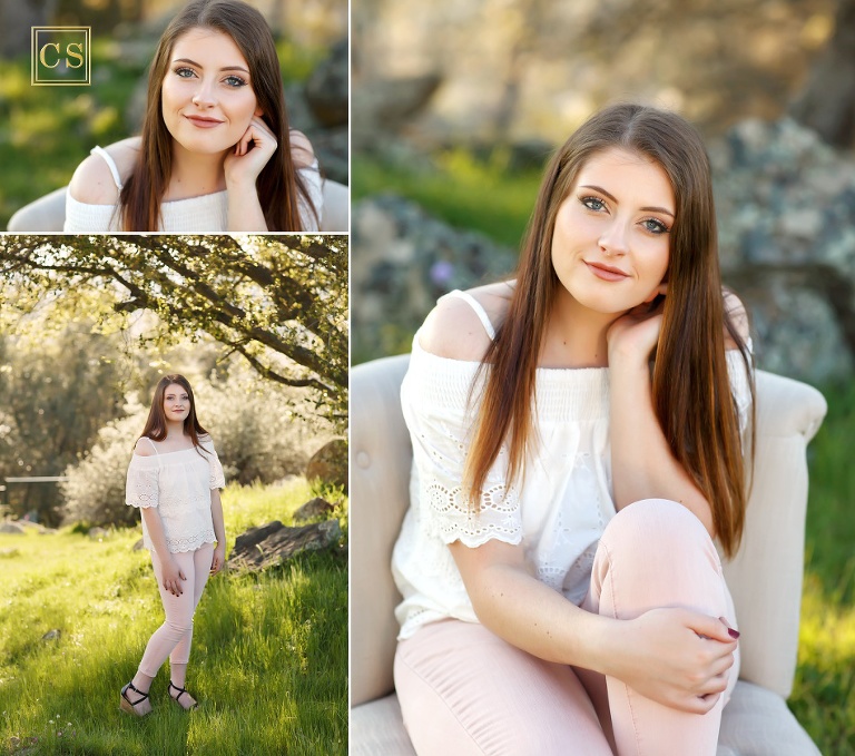 El Dorado senior pictures with senior photographer Colleen Sanders with green background, flowers, chair, pastels, softball player.