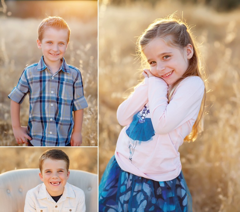 Fall family pictures in Folsom with El Dorado Hills photographer Colleen Sanders grasses oak trees golden light kids family fall mini sessions kids in blue outfits