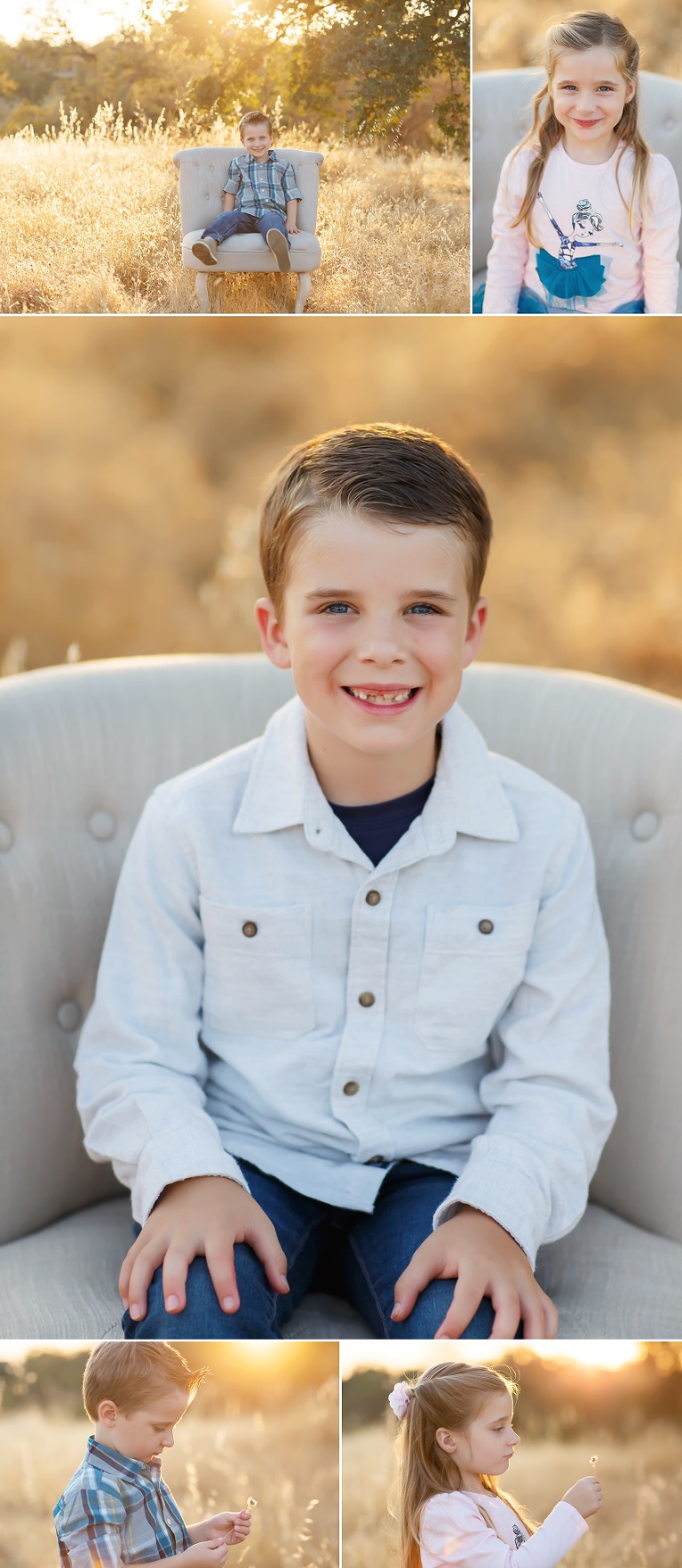 Fall family pictures in Folsom with El Dorado Hills photographer Colleen Sanders grasses oak trees golden light kids family fall mini sessions kids in chair in field.