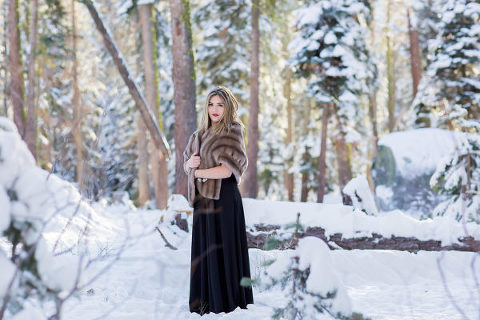 Formal prom dress in snow at South Lake Tahoe by senior photographer Colleen Sanders